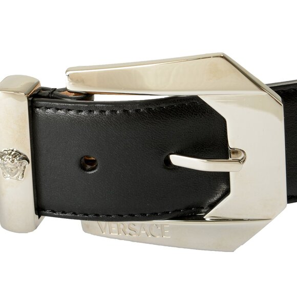 Versace Black 100% Leather Silver Decorated Buckle Belt US 30 IT 75